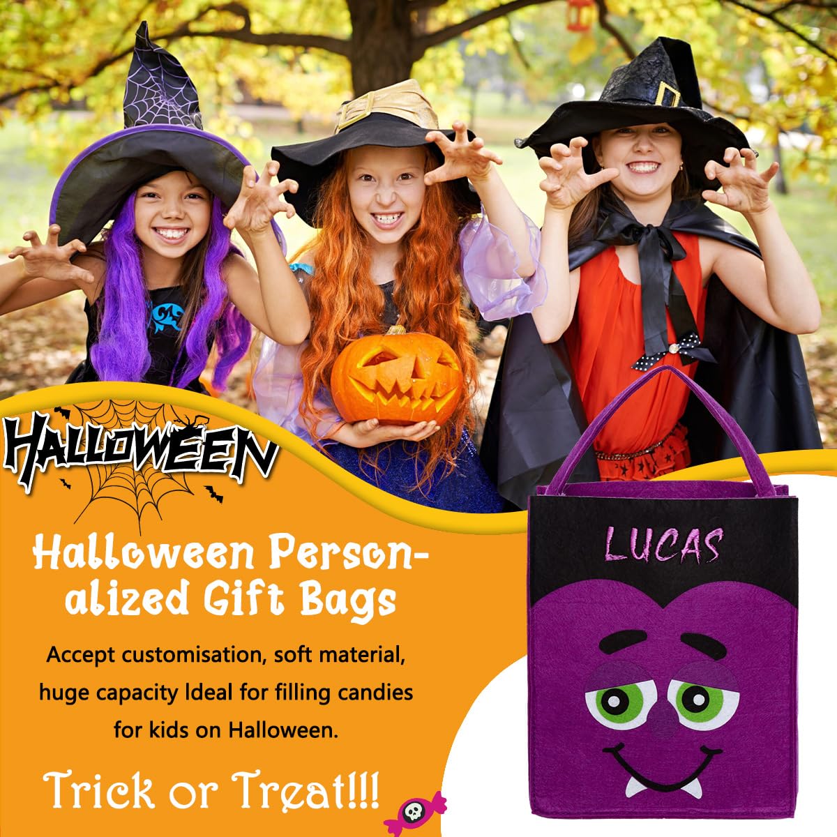 guccde Personalized Halloween Trick or Treat Bags for Kids, Custom Name Halloween Candy Bags (Bag-Felt)