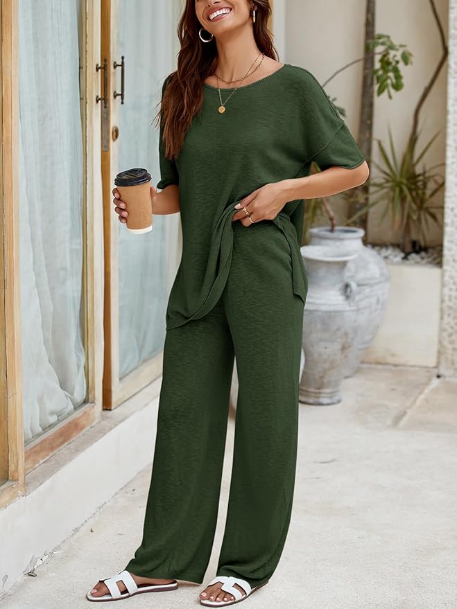 Tankaneo Women's 2 Piece Travel Outfits Casual Short Sleeve Knit Sweater Set Wide Leg Pants Lounge Sets Tracksuit