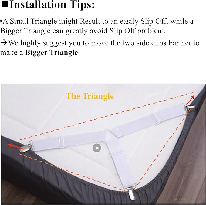 Bed Sheet Fasteners, Adjustable Mattress Suspenders, Mattress Cover Straps, Bed Corner Holder and Keepers and the Bed Sheet Grippers Clips (Triangle White Set of 4)