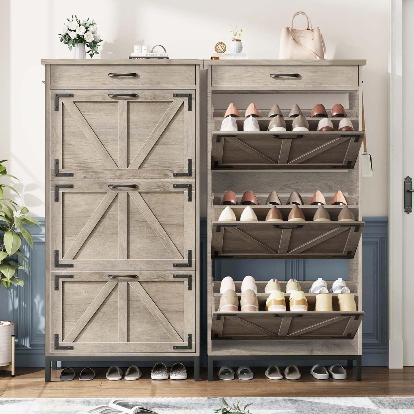 Jocoevol Shoe Cabinet Storage for Entryway with 3 Flip Drawers and 1 Top Drawer, Freestanding Hidden Narrow Shoe Cabinet with Metal Legs for Foyer, Hallway (Grey)