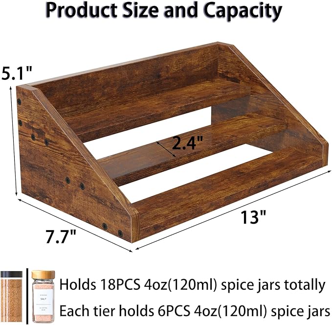 3 Tier Wood Spice Rack Organizer for Cabinet, Super Sturdy Display Riser Shelf Seasoning Organizer for Countertop Pantry Cupboard, Retro Storage Holder for Kitchen Condiment Jar Spice Container