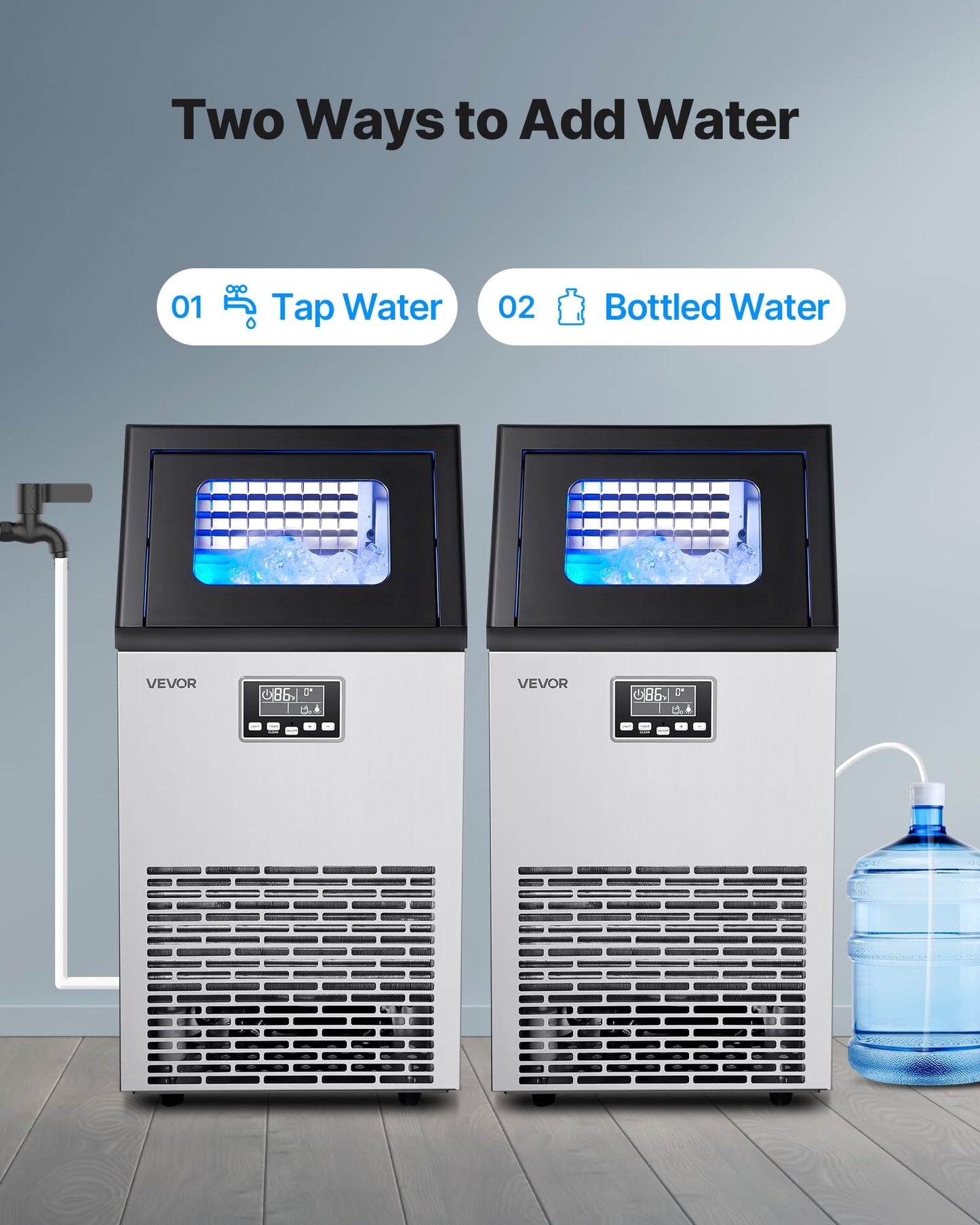 VEVOR Commercial Ice Maker Machine with 2 Water Inlets, 120 lbs/24h with 28Lbs Storage, Stainless Steel Freestanding & Under Counter Ice Maker with LED Display & Self-Cleaning, for Home Bar Restaurant