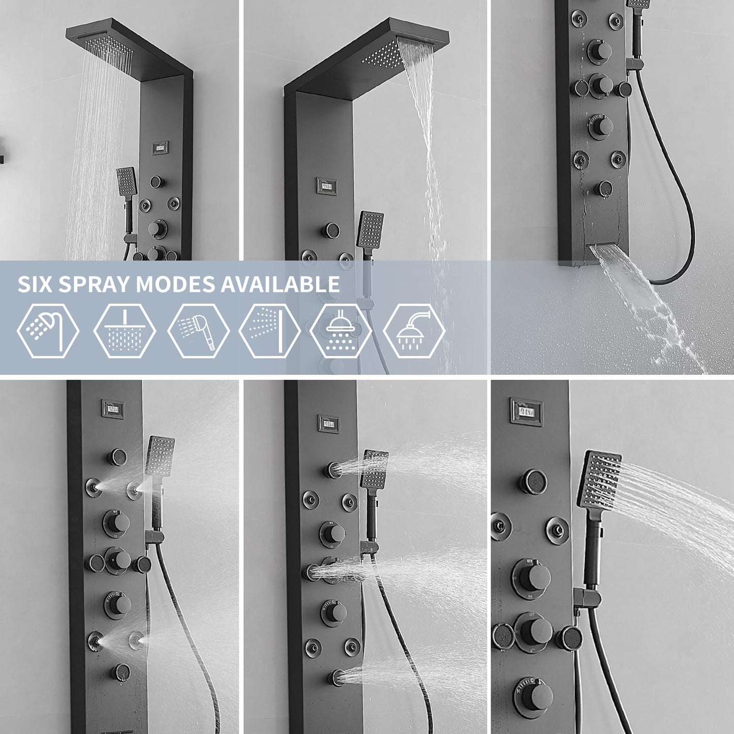 Bathfinesse Shower Panel, Shower Tower, Bathroom Shower Panel Tower System, 6 IN 1 Shower Functions, Stainless Steel Wall Mounted, Black