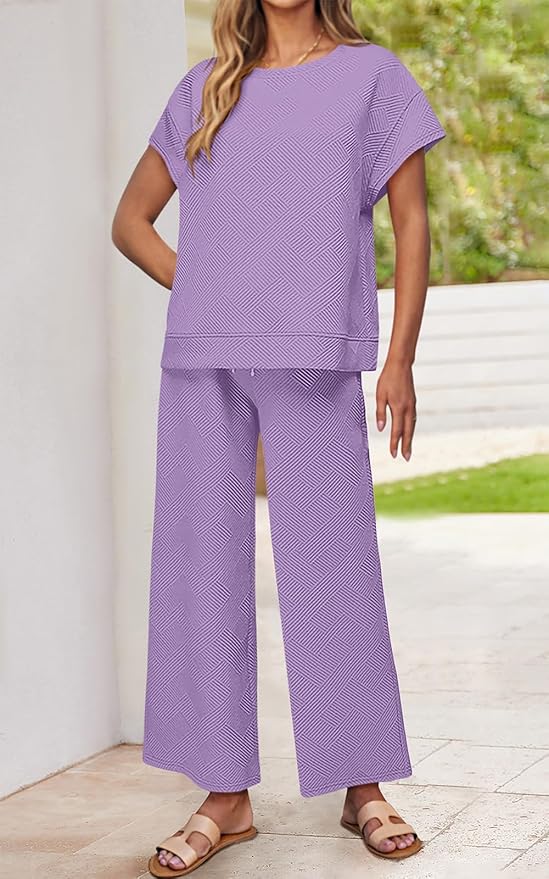 PRETTYGARDEN 2 Piece Outfits For Women Casual Tracksuit Short Sleeve Tops And Wide Leg Long Pants Matching Lounge Sets
