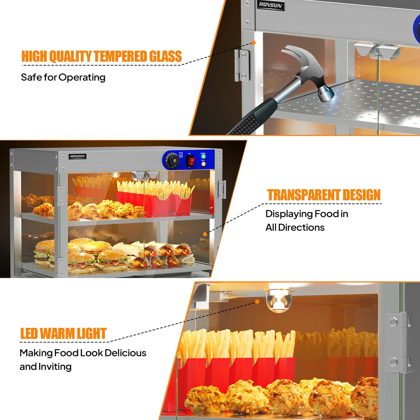 ROVSUN 2-Tier Food Warmer Pizza Warmer, Commercial Food Warmer Display with LED Lighting Removable Shelves Glass Door, Electric Countertop Food Warmer for Buffet Restaurant 110V 800W