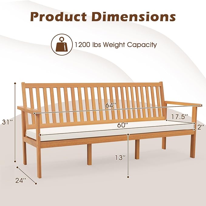 Tangkula Outdoor 3-Seat Acacia Wood Bench, 64 Inches Extra Long Chair with Cushion, Slatted Seat & Backrest, 3-Person Patio Wood Bench for Backyard, Porch, Balcony & Garden