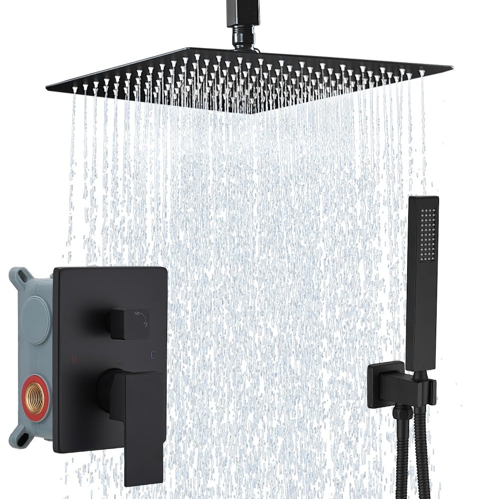 YCAIKOI 12 Inch Matte Black Ceiling Mount Shower System Bathroom Luxury Rain Mixer Shower Combo Set Ceiling Rainfall Shower Head System Faucet Contain Rough-in Valve and Trim Included