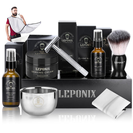 Shaving Kit for Men, Include Safety Razor, Sandalwood Cream, Aftershave, Pre Shave Oil, Shaving Brush and Bowl, Shaving Apron Bib -Unique Gifts for Him Stocking Stuffers