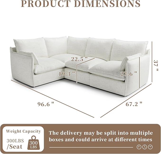 Gtilzria Waterproof Cloud Sectional Sofa for Living Room,High Backrest Down Filled Couches,5 Seater Oversized Modular V-Shaped Sofa,Detachable Couch Covers,Light Grey