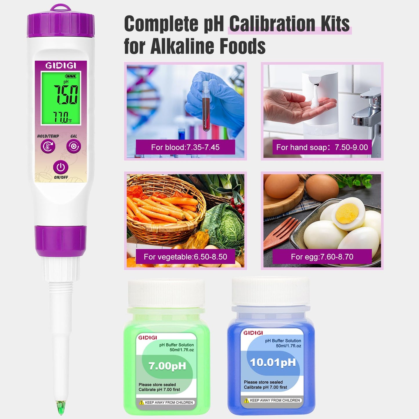 GIDIGI pH Meter Food Digital Electronic pH Tester for Fermentation 3*50ml pH Buffer Calibration Solution Kits Hot Sauce Food Tester Probe for Cheese Sourdough pH Temperature pH Test Strips for Acidity