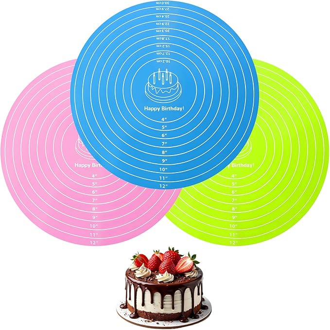 3Pcs Silicone Baking Mat Round Cake Turntable Mat with Measurements Reusable Silicone Baking Mats Non Stick Heat Resistant Pastry Bake Sheet for Pizza Pan Rolling Dough Pastry