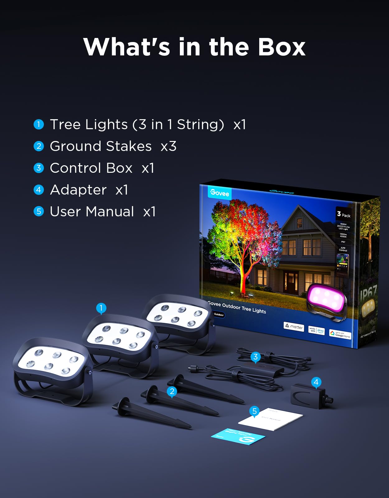 Govee Outdoor Tree Lights 3-Pack, RGBWIC LED Landscape Lighting, IP67 Waterproof, Outdoor Lights for Yard Patio Garden, 66 Scene Modes with App Control, Works with Alexa, Google Assistant, Matter