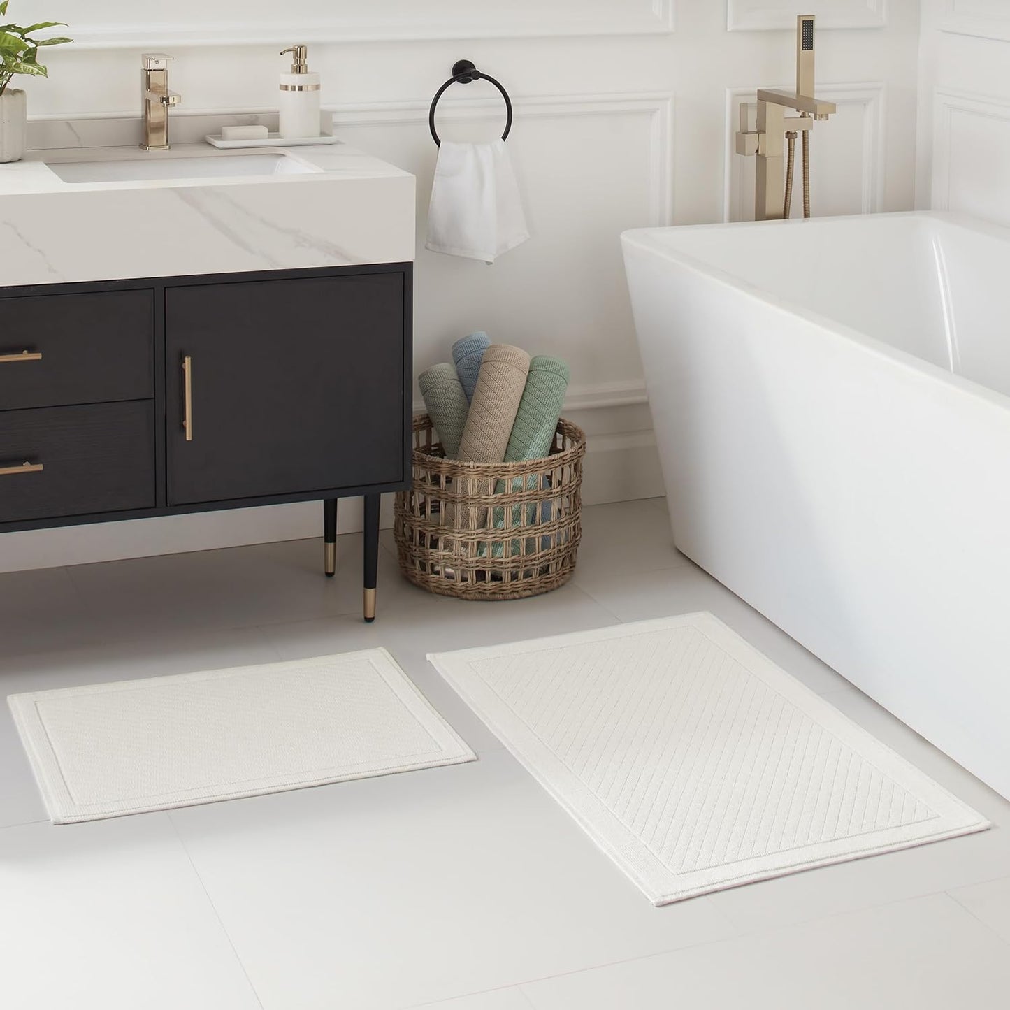 Arkwright 100% Cotton Bathroom Rug - High Absorbent Stylish Textured Woven Design Bath Mat, Slip Resistant Backing for Shower and Bathtub Floor, 17x24 in - White
