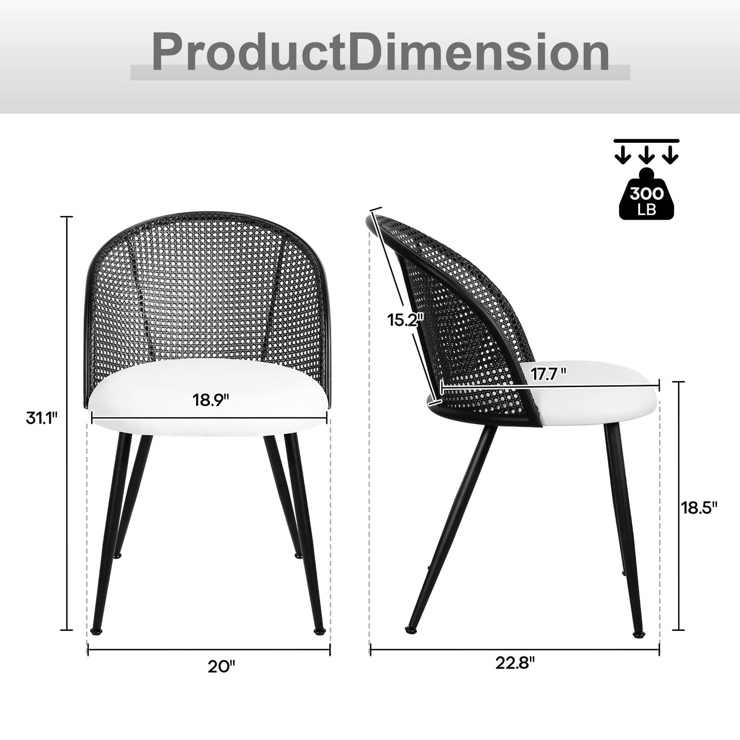 Bekrvio Rattan Dining Chairs Set of 4, Faux Leather Upholstered Dining Chairs with Black Cane Back, Mid-Century Modern Farmhouse Armless Accent Chairs for Kitchen Dining Room, Restaurant, White