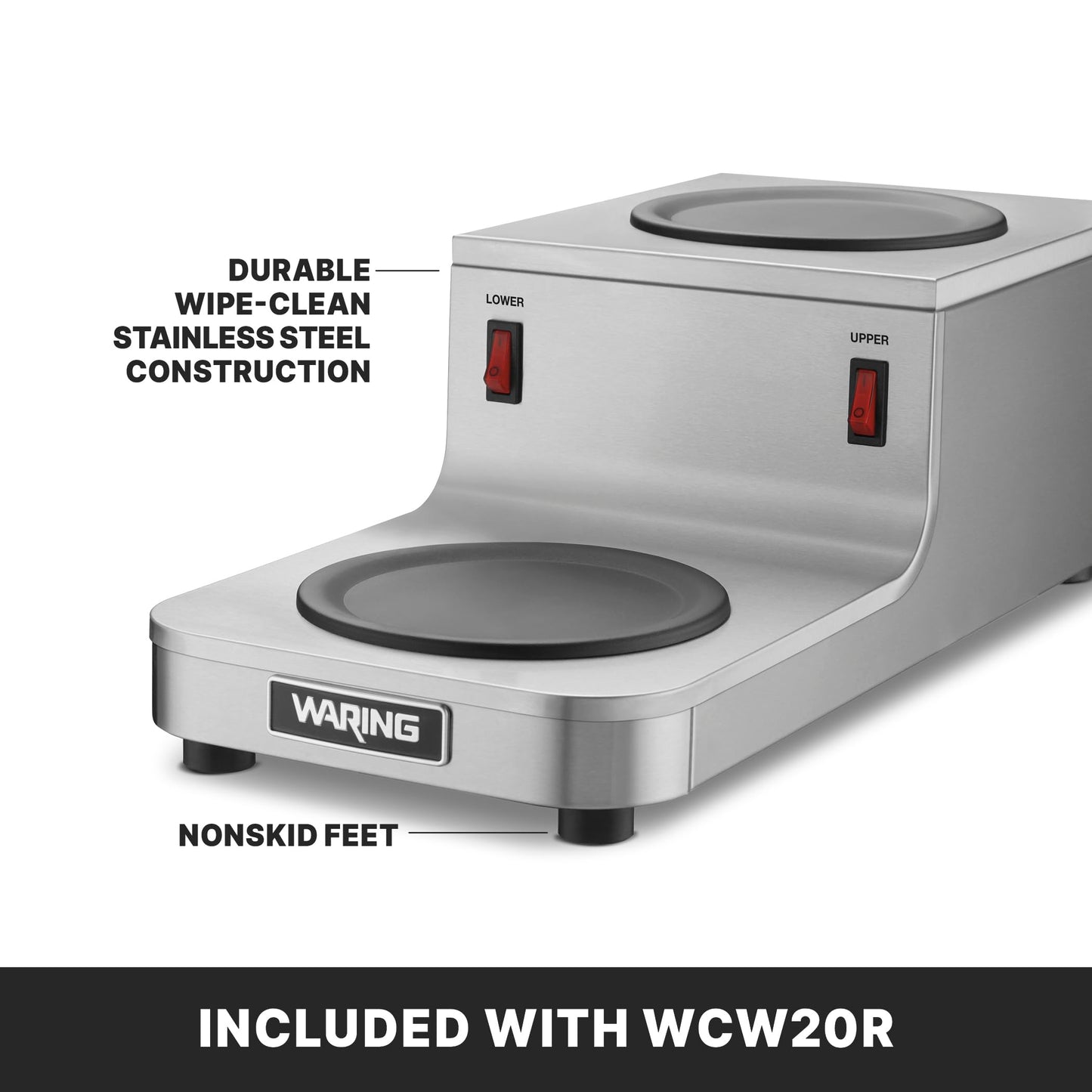 Waring Commercial WCW20R Café Deco Double Coffee Carafe Warmer, Step Up Style, 120V, 5-15 Phase Plug
