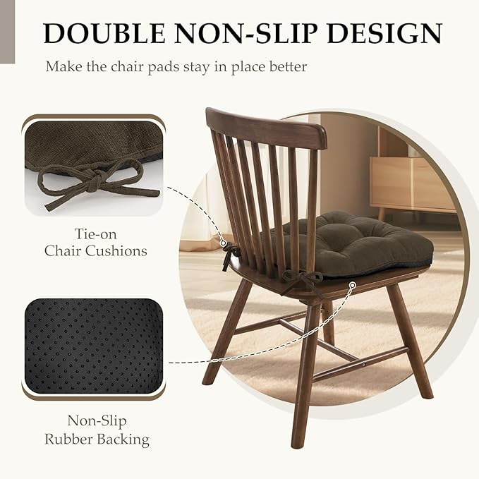 HARBOREST Chair Cushions for Dining Chairs Set of 6 - Chenille Tufted Kitchen Chair Cushions with Ties and Non-Slip Bottom, Foam Chair Pads for Dining Chairs, 17" x 17", Brown