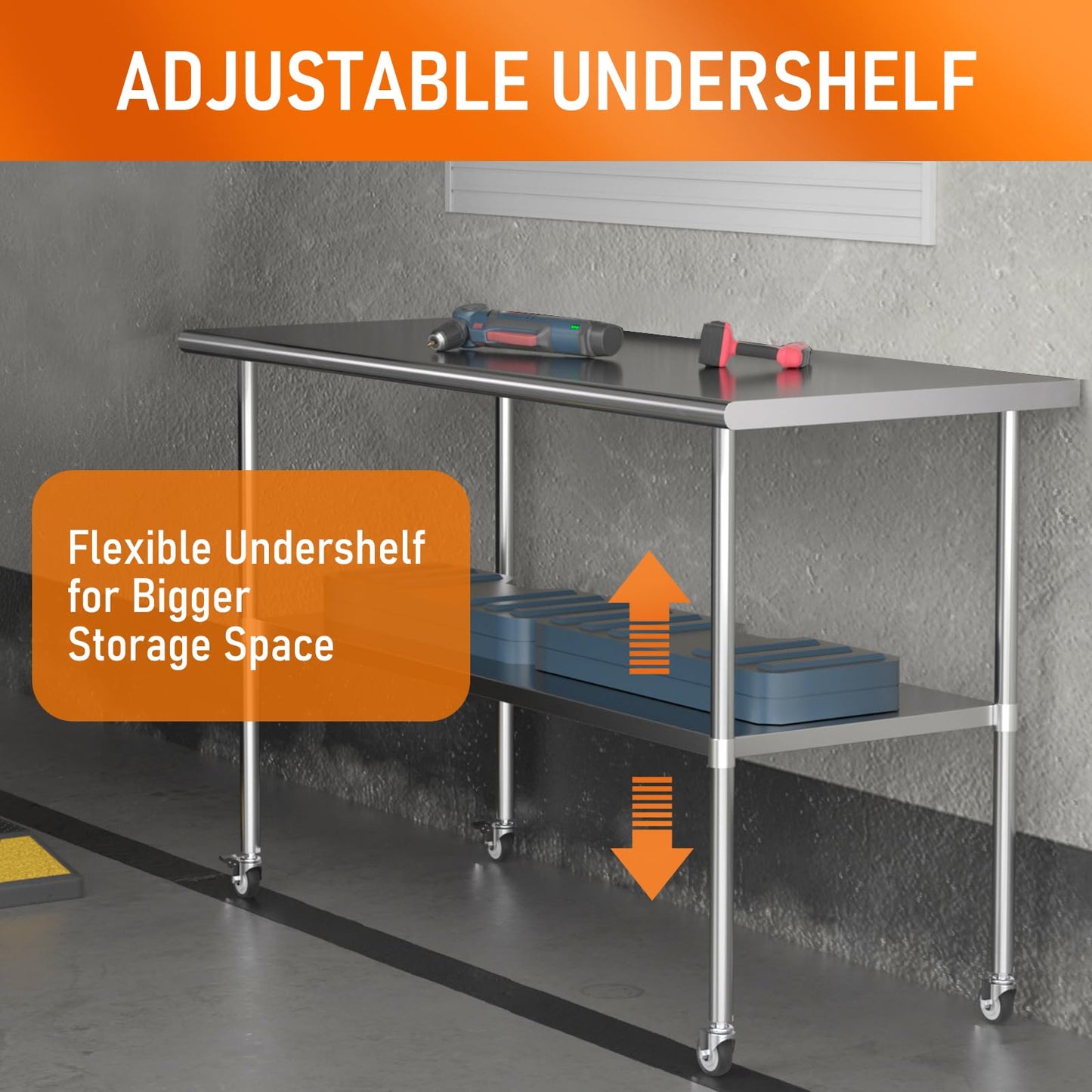 HOCCOT Stainless Steel Table with Wheels for Food Prep & Work 30" x 60" Utility Table with Adjustable Undershelf, Commercial Workstation in Kitchen, Garage, Outdoor BBQ