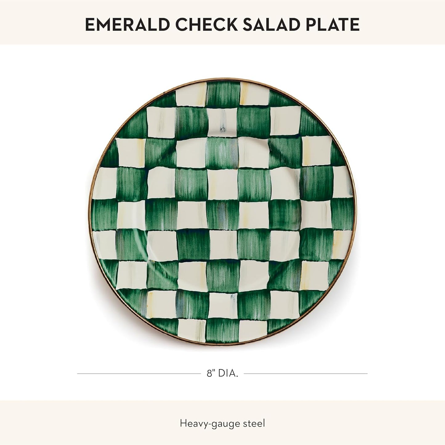 MACKENZIE-CHILDS Enamel Salad and Dessert Plate, Small Plate for a Dessert or Appetizer Dish, 8 Inches, Green-and-White Emerald Check