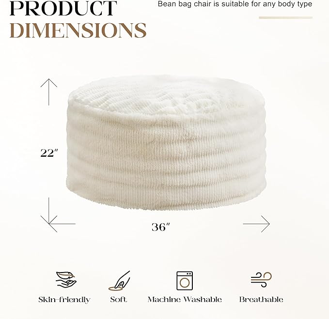 Hobestluk Bean Bag Chairs Beanbag Chair with Filler Adult Bean Bags with Fluffy Ripple Cover, Giant Bean Bag Chairs for Adults (White, 3FT - 36" x 36" x 22")