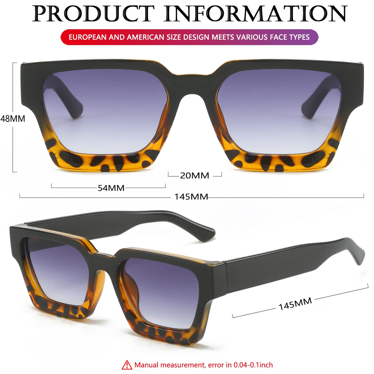 AIEYEZO Square Sunglasses for Women Men Square Thick Frame Sun Glasses Simple Designer Style Shades (Black/Grey + Black Leopard/Grey Gradient)