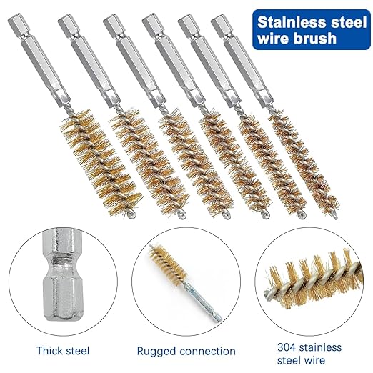 6 Pieces Brass Bore Brush in Different Sizes + 15 Pcs Cleaning Needles Nylon Brushes Tools, Twisted Wire Brush with Handle 1/4 Inch Hex Shank Attachment Drill Set for Tubes Ports Bearings