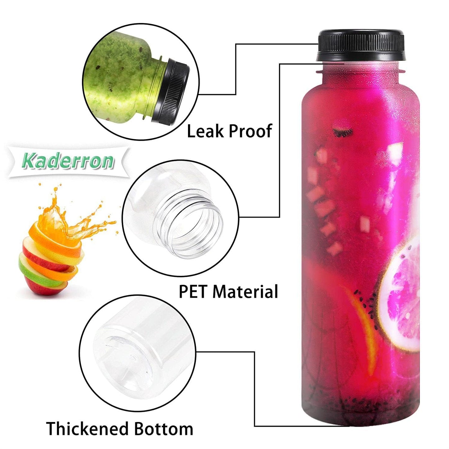 Kaderron 40pcs 12oz Plastic Juice Bottles with Caps, Empty PET Disposable Plastic Bottles, Clear Bulk Drink Containers with Black Tamper Evident Lids for Juicing, Drinking and Other Beverages