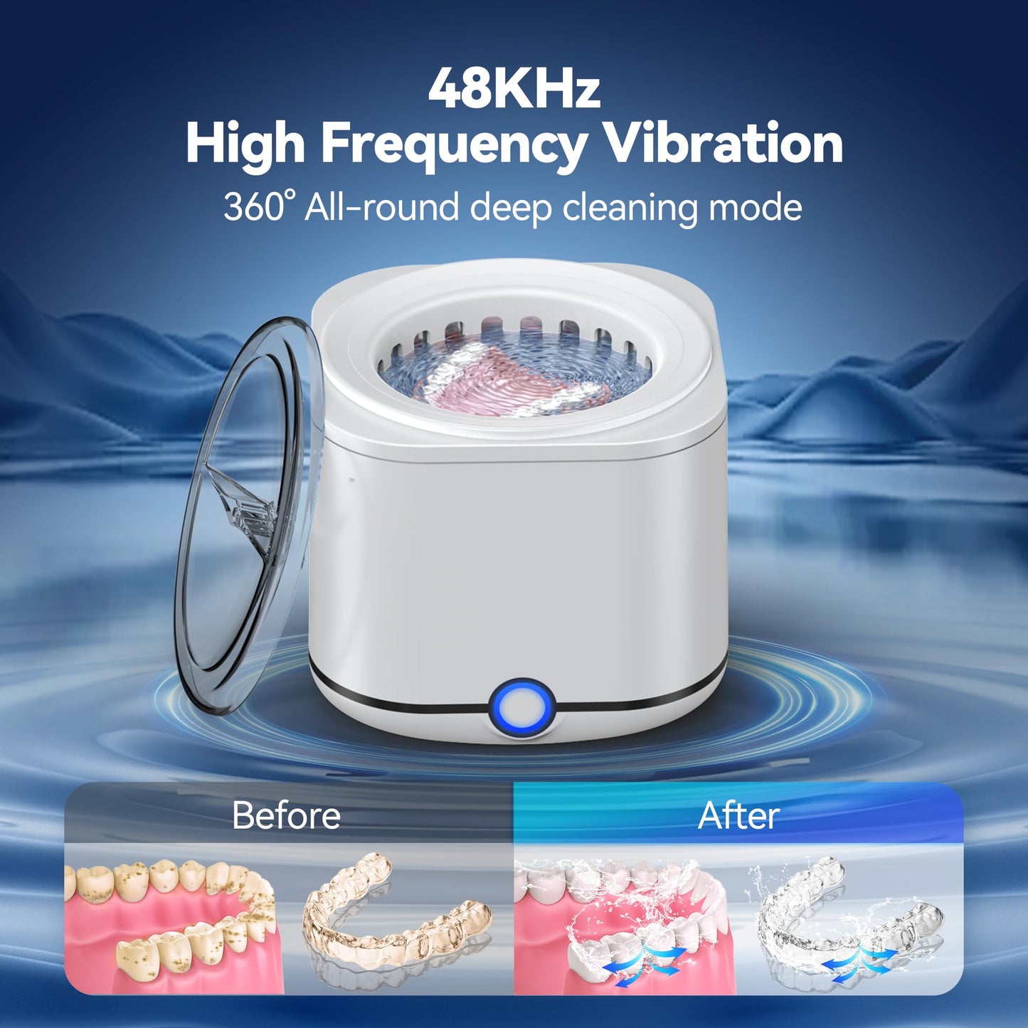 Miorcols Ultrasonic Retainer Cleaner, 48kHz Retainer Cleaner Machine for Dentures, Mouthguard, Braces, Night Guard, Toothbrush, Jewelry with 7.8OZ Dental Cleaning Pod-Cool White