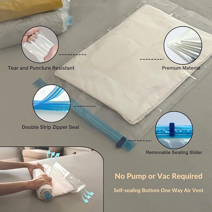 12 Pack Vacuum Storage Bags with Hand Pump, Compression Space Saver for Comforter, Bedding, Blanket Storage, Vacuum Seal Bags for Clothing, Luggage Suitcase and Closet Organizer