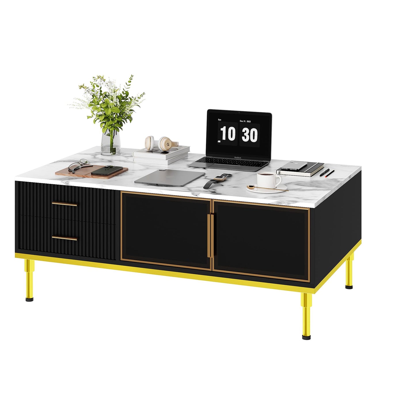 GAOMON Coffee Table for Living Room, Faux Marble Coffee Table with 4 Drawers and Glass Doors Storage, Modern Aesthetic Fluted Panel Design,Black & Gold
