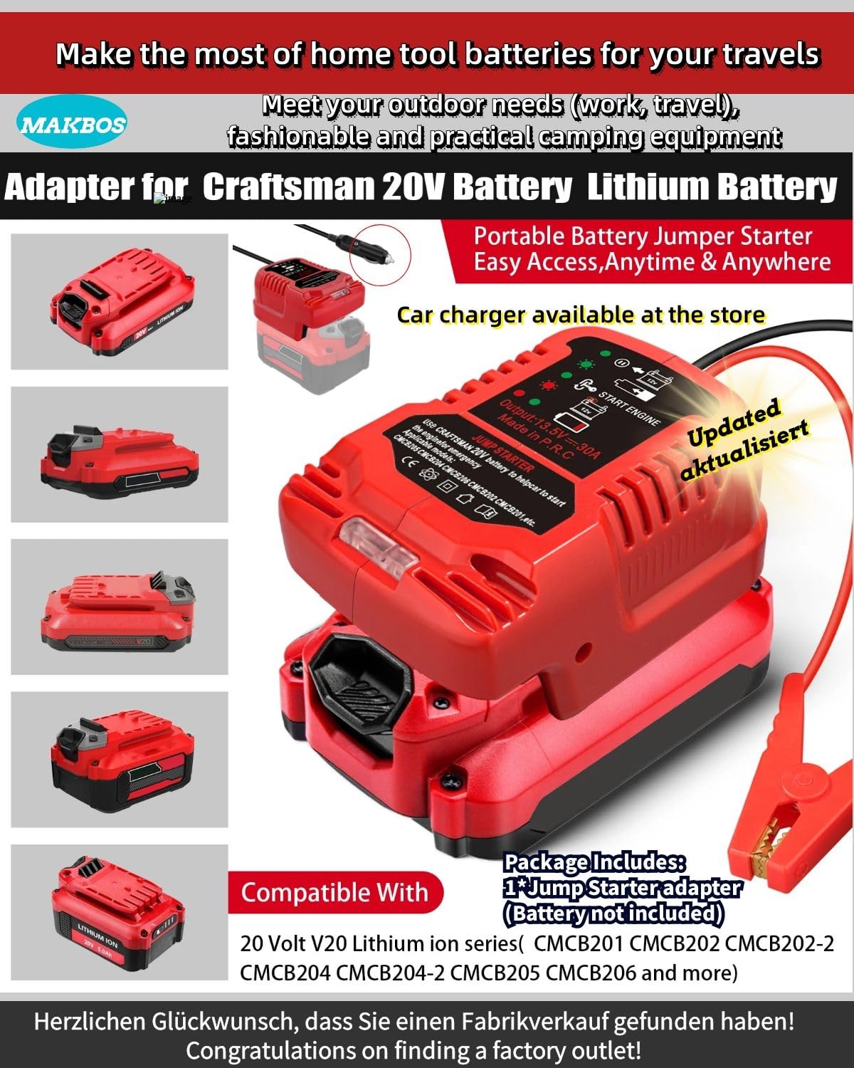 Car Jump Starter Adapter For Craftsman 20V Battery,Up To 3.5L Gas Or 6.5L Diesel Engines,12V Portable Car Jump Starter Battery,A