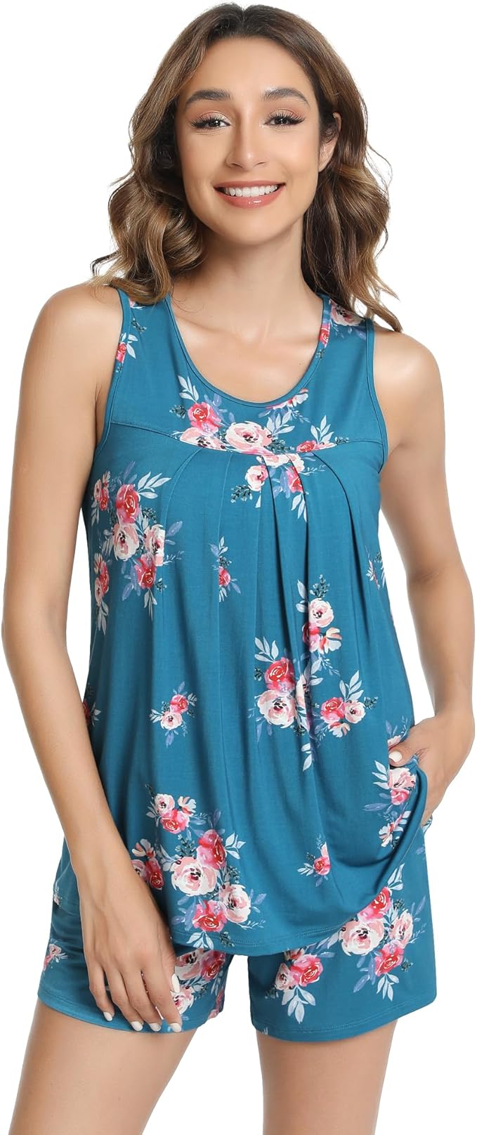 NACHILA Pajamas for Women-Viscose from Bamboo, Ribbed Racerback Tank Top Sexy Split Shorts Pajama Sets Cooling Sleep Cami Pjs