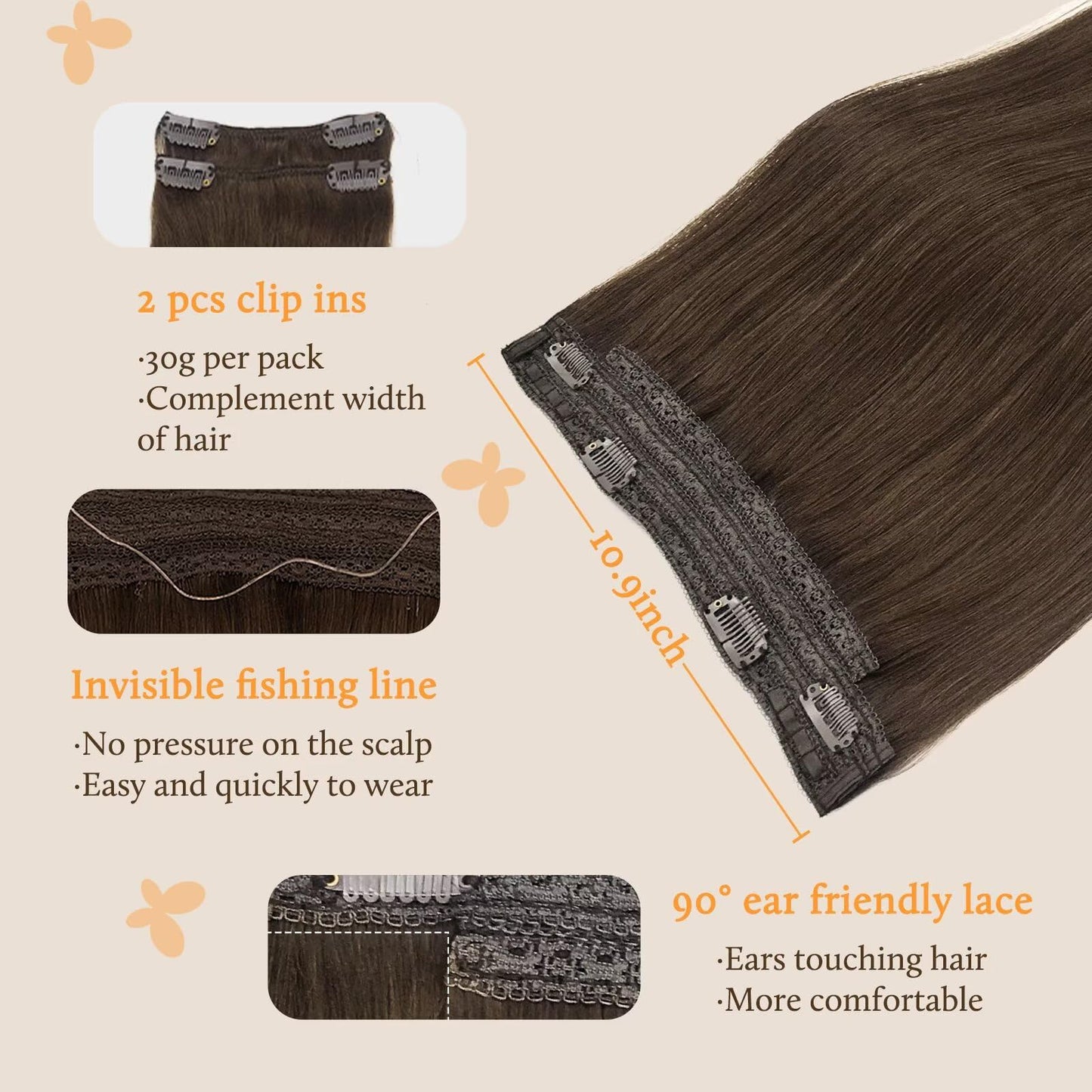 DOORES Wire Hair Extensions, Chocolate Brown 18 Inch 95g Fish Line Weft Extensions and 2pcs 30g Clip ins, 125g Invisible Wire Re