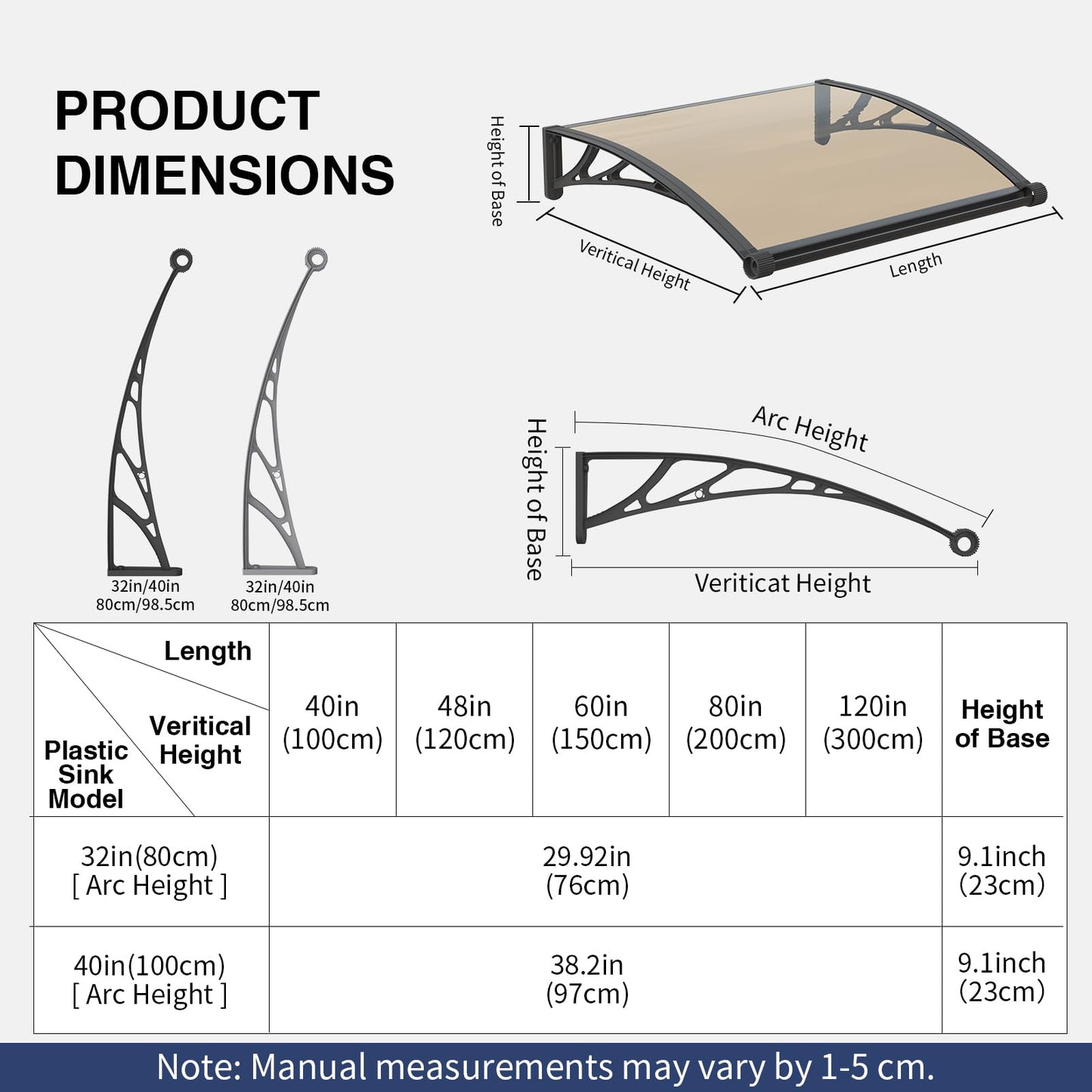 Awning for Door Entrance,40x120 inch Awnings for Doors with Separate Drainage,Front Door Awning Exterior,Polycarbonate UV, Rain, and Snow Protection for Porch,Patio,Window,Deck