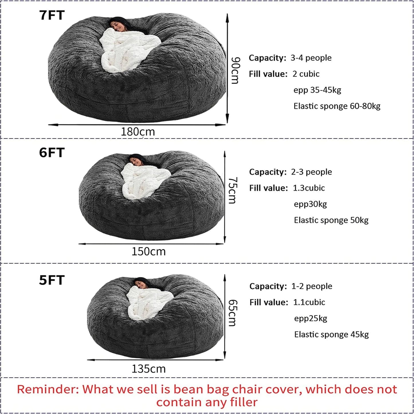 HDMLDP Bean Bag Chair for Adults Kids Without Filling Comfy Fluffy Giant Round Beanbag Lazy Sofa Cover for Reading Chair Floor Chair, 6FT, Grey