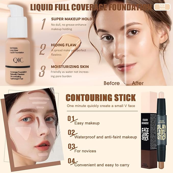 All in One Makeup Kit for Women Full Kit, Make Up Gift Set for Women Teens Girls, Includes Eyeshadow Foundation CC Lipstick Mascara Brush Sponge Brow Powder Soap Eyeliner Primer Contour Cosmetic Bag