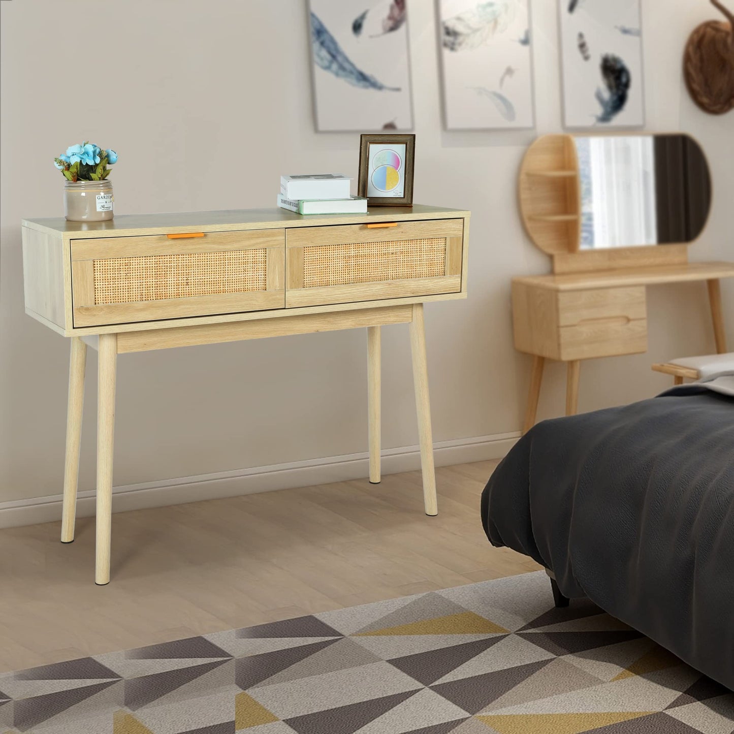 HOPUBUY Console Table Rattan Desk with Drawers, Oak Narrow Sofa Table with Pine Leg, Modern Small Entryway Table for Hallway and Living Room, 39" Rustic Natural