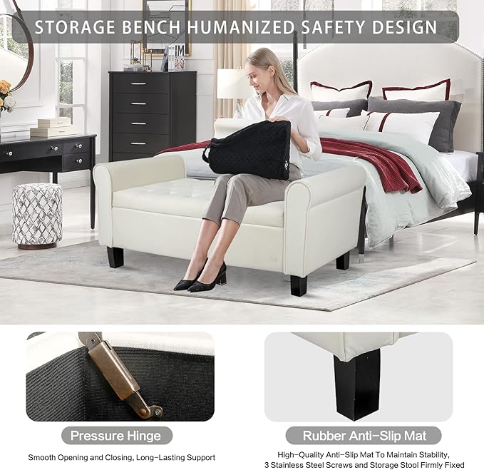 Babion Storage Bench for Bedroom End of Bed, Button Tufted Storage Ottoman Bench 51Inch, End of Bed Storage Bench with Upholstered, Rolled Arm Window Bench Seat with Solid Wood Legs, Beige