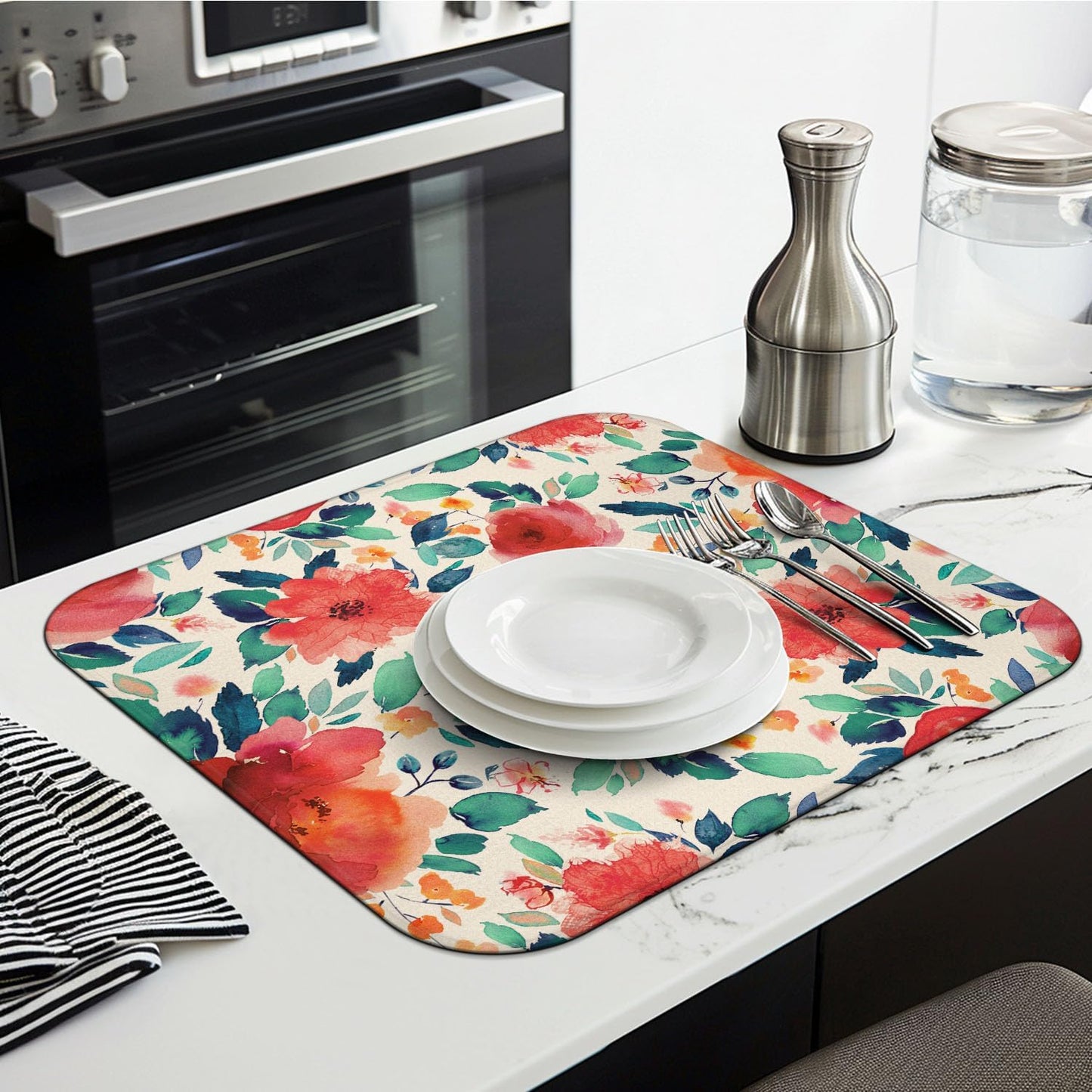 Flower Drying Mat 16" X 18" Red Rose Kitchen Counter Stone Large Dish Drying Mats For Kitchen Counter Blooming Plant Drying Mats For Home Counter Drying Mats For Dishes Dish Table Mat Drying Mat