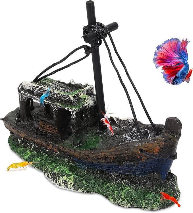 Hygger CO2 Small Boat Aquarium Decorations Resin - Sunken Shipwreck Fish Tank Ornament for Aquatic Adventure Scene-Approx....