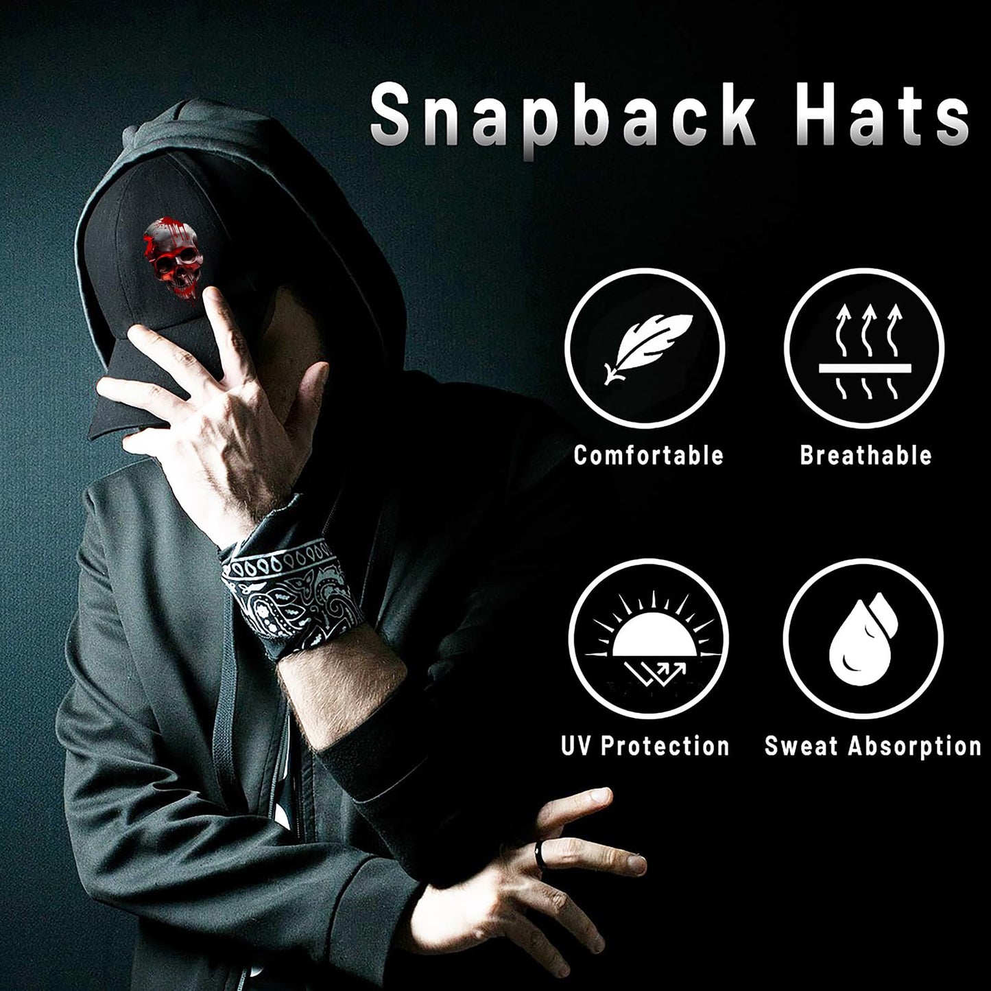 Horror Bleeding Skull Snapback Hats for Men Flat Bill Snap Backpack Baseball Hat for Women Skeleton Dad Trucker Hats Adjustable Baseball Cap Fitted Hats for Skateboarding Running