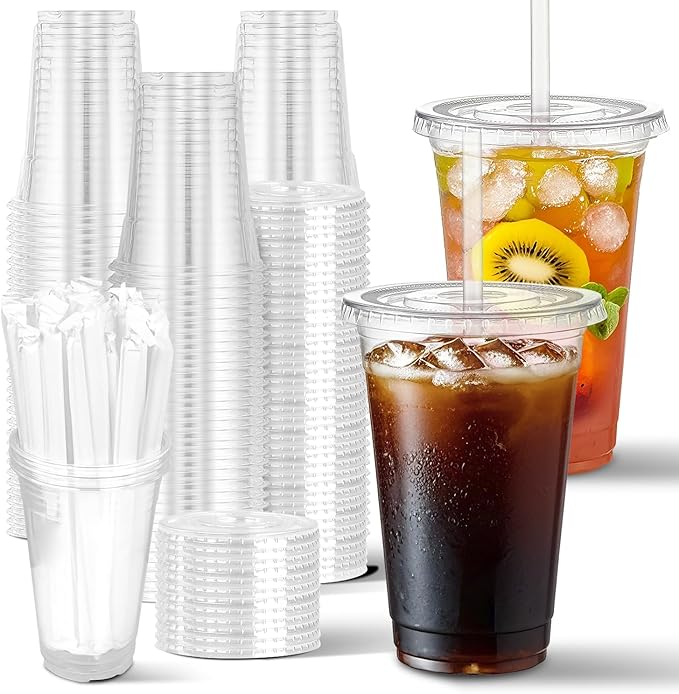 Charmount 100 Sets- 20 oz Clear Plastic Cups with Lids and Straws, Disposable To Go Cups for Cold Drinks, Coffee Bar Acces...
