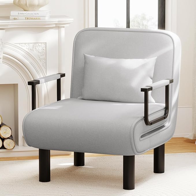 Furniliving 4 in 1 Folding Sofa Bed Chair, Convertible Sleeper Chair Bed with 6-Position Adjustable Backrest, Upholstered Chaise Lounge with Pillow, Accent Chairs for Bedroom/Office, Linen, LightGrey