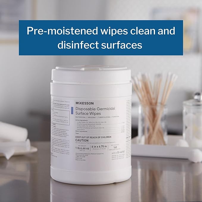 McKesson Germicidal Surface Wipes, Pre-Moistened Alcohol Cleaning Wipes for Hard Surfaces, Non-Woven Cloth - 6 in x 6 3/4 in, 160 Wipes, 1 Pack, 1 Count (Pack of 160)