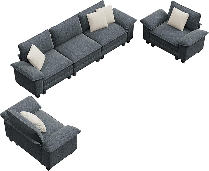 PHI VILLA Cloud Modular Couches Sets, 3 Pieces Large Sectional Sofa Set with Single Sofa, 5-Seater Upholstered Couch for Living Room, Chenille Fabric, Dark Cyan