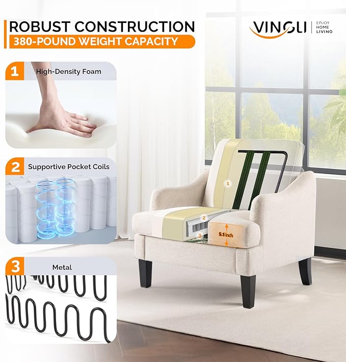VINGLI Linen Fabric Accent Chair Beige, Modern Upholstered Armchair, Comfy Sofa Chair Living Room Bedroom Furniture for Apartment