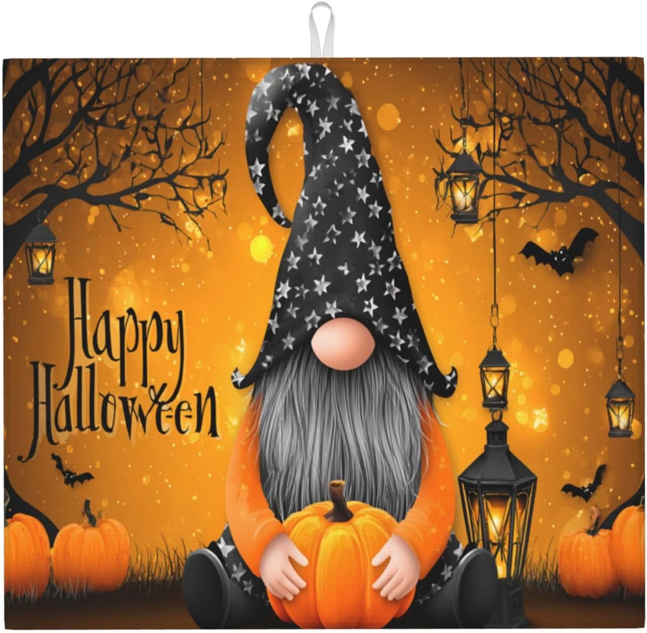 Dish Drying Mat Pumpkin Gnome Halloween Night for Kitchen Counter Absorbent 16x18 Inch Microfiber Dishes Plate Glass Dry Draining Pad Reversible Washable
