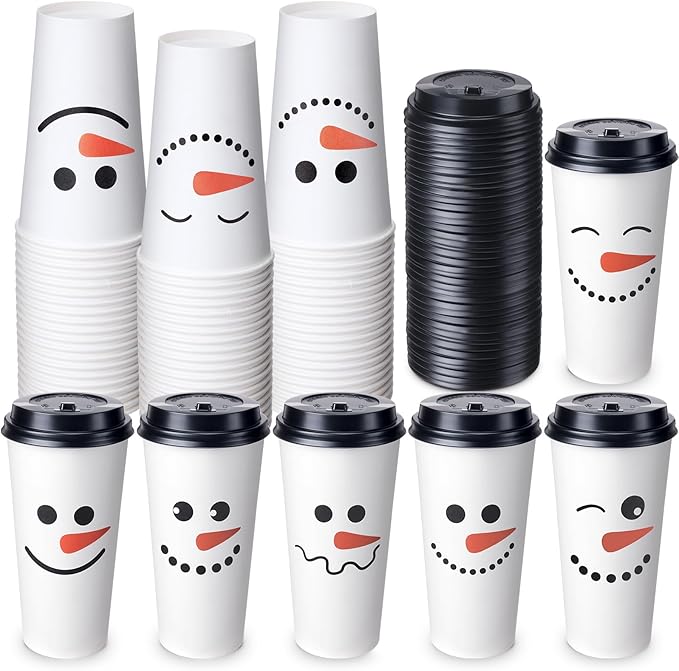 Sliner 120 Pcs Christmas Snowman Disposable Paper Coffee Tea Cups with Lids Winter Wonderland Xmas Cocoa Cups for Juice Ho...