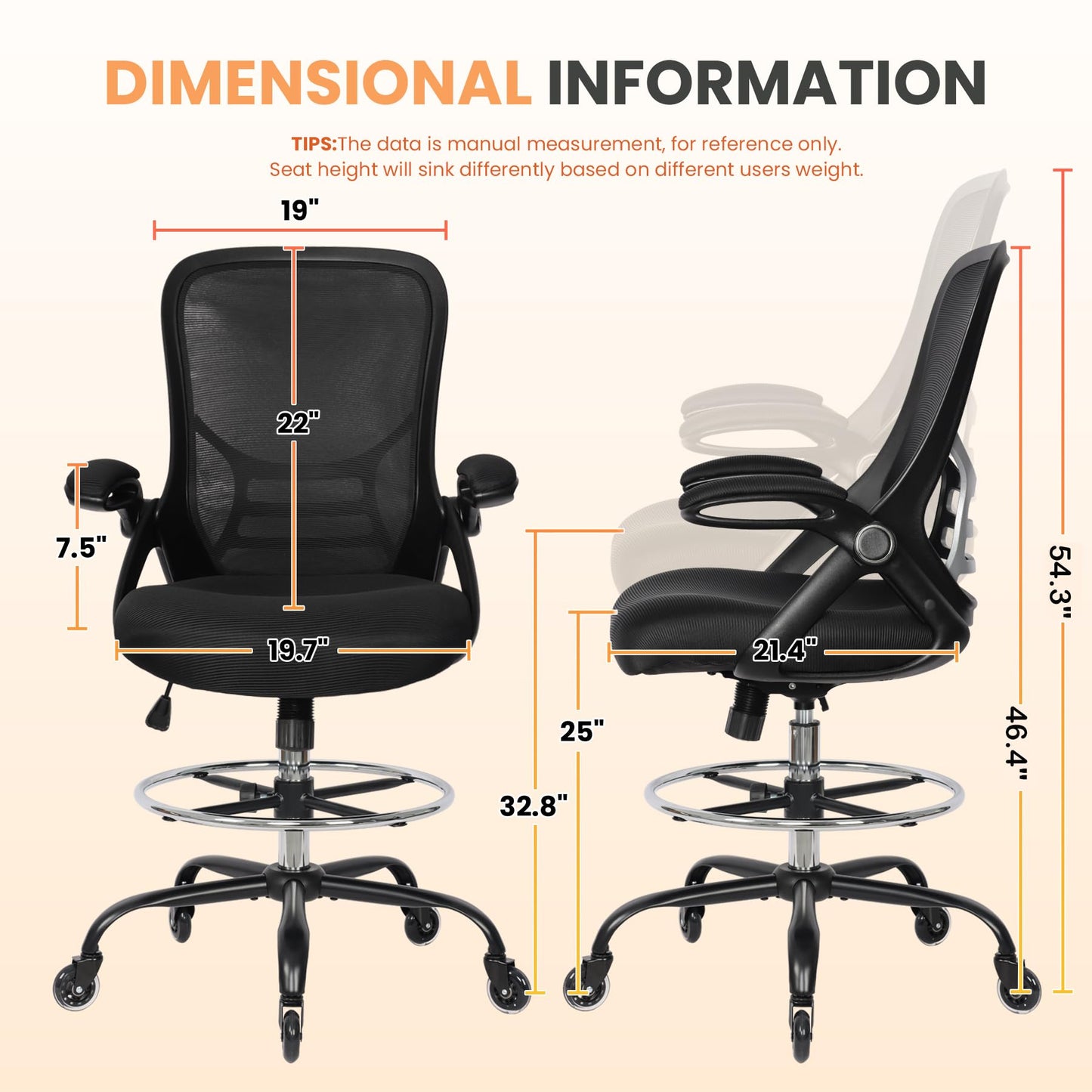 HYLONE Drafting Chair Adjustable, Tall Office Chair Lumbar Support Ergonomic Standing Desk Chair Heavy Duty Tall Drafting Stool for Artists with Footrest Home Office Drafting Stool