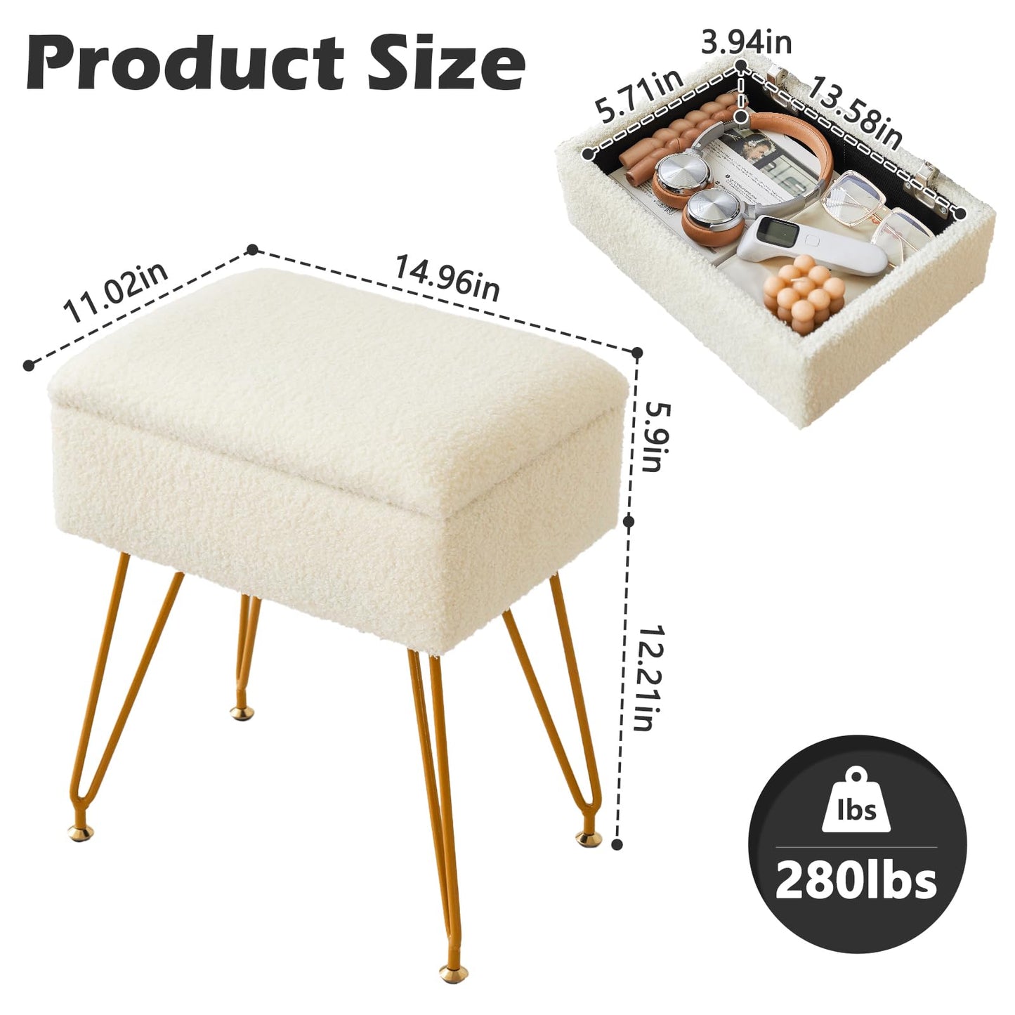 Alessing Vanity Stool Chair Ottoman with Storage, Sherpa Vanity Chair for Makeup Room, Rectangle Vanity Stools with Metal Legs, Soft Makeup Stool Footrest Footstools for Bedroom Living Room, White
