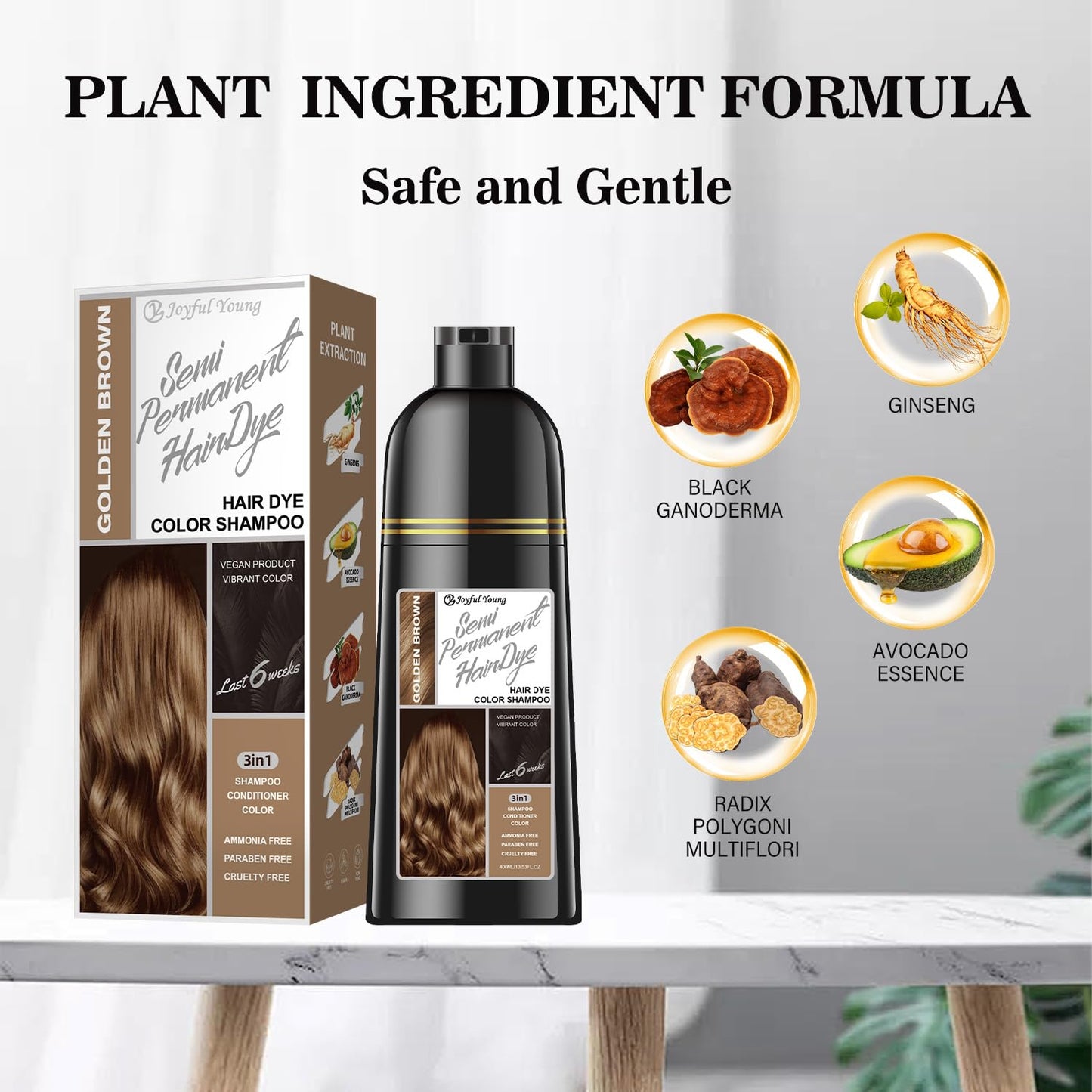 Joyful Young Natural Color Hair Dye Shampoo 3 IN 1, Instant Hair Coloring, Gray Coverage for Men & Women, Beard Dye Vegan Ammoni